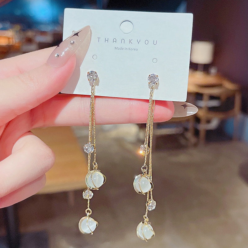 Shuling S925 Silver Needle Korean version Tassel Earrings Fashion Opal Long Earrings Super Cute Zircon Earrings