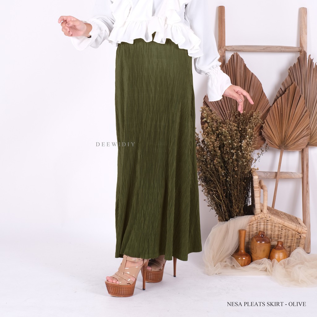 ROK KERJA WANITA / ROK A-LINE PLISKET LIDI / BISA UNTUK FORMAL CASUAL / NESA PLEATS SKIRT DEEWIDIY-OLIVE