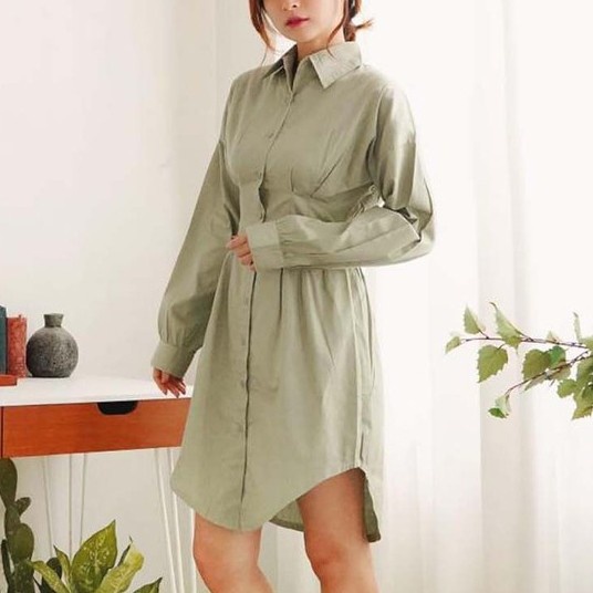Midi Dress Kemeja Lengan Panjang Sage Soft Green Casual Waisty BC(U3J5) Midi Dress Jumbo Midi Dress 