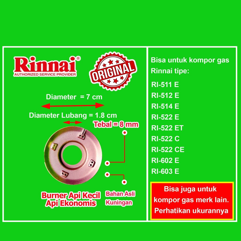 Burner Kompor Gas Rinnai Kecil Besar Tebal Tornado Turbo Api Lilin Original Burner Rinnai Kuningan Kepala Tungku Kompor Gas Rinnai RI 511E 512E 514E 522E 522ET 522C 522CE 602E 603E 511A 514A 522A 522AT 602A 602AG 712A 511T 712T 712TG 712BGX 602BGX 712BX