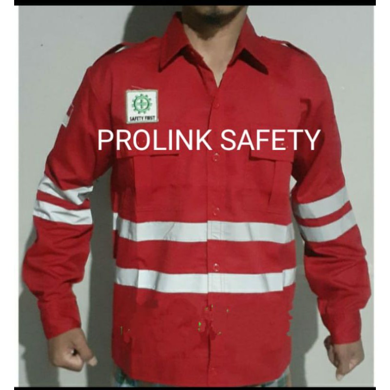 BAJU SERAGAM SAFETY DOBLE SCOTLIGHT MERAH KANCING FREE LOGO