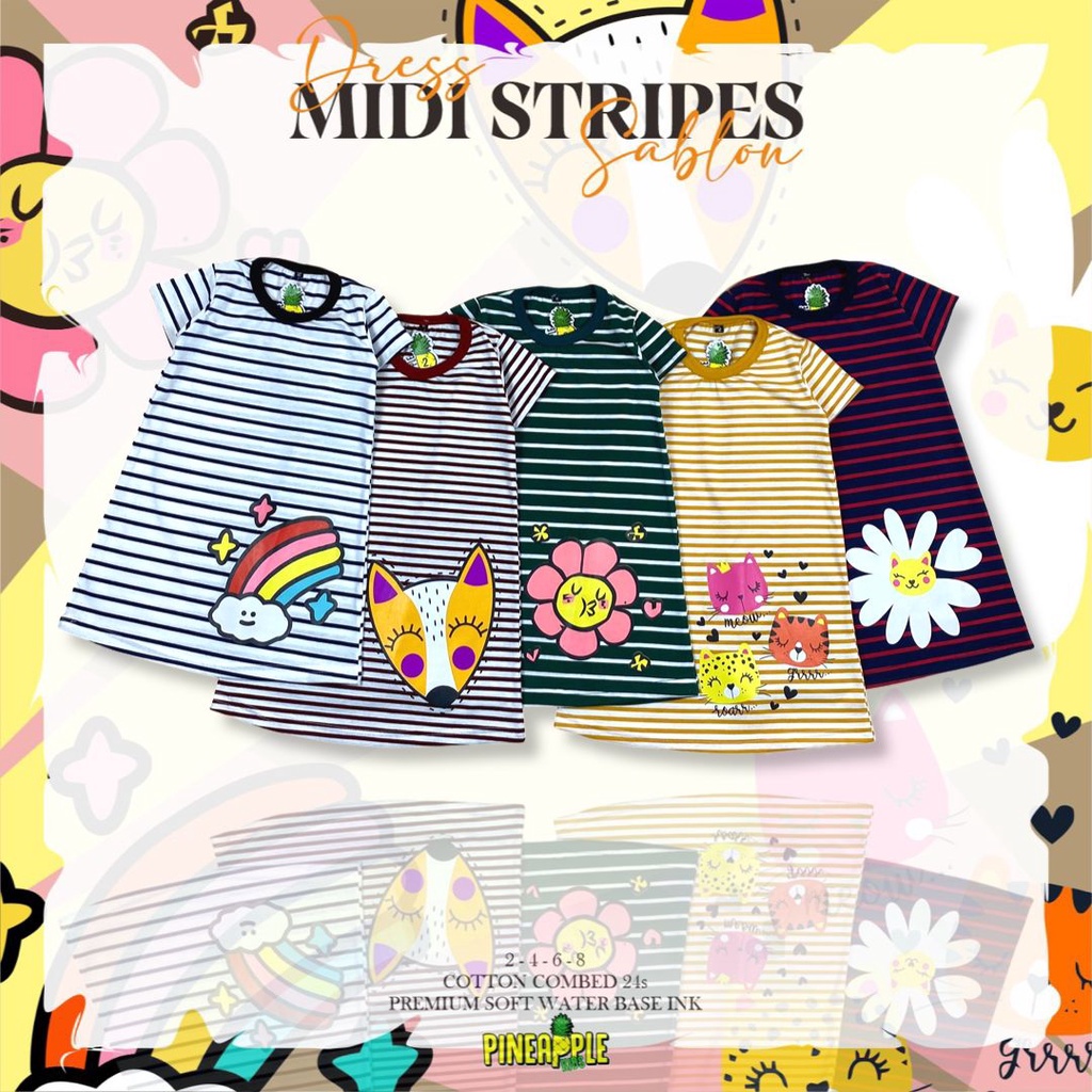 Dress Anak Midi Stripes Sablon Pineapple Original Kaos Anak Perempuan Super Premium