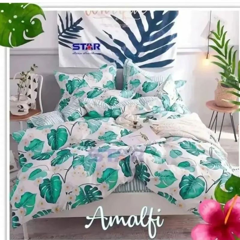 Sprei Katun Motif Amalfi Biru Tosca Daun Monstera