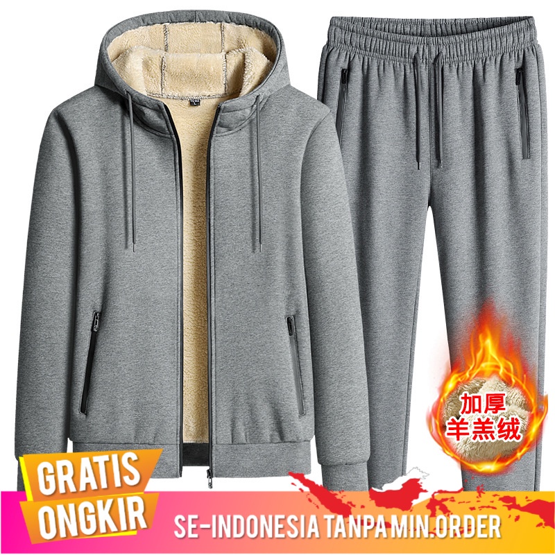 Jaket Pria Kain Wol Bulu Berlapis Pria Perapi Tebal Hooded Cargan Baju Olahraga Kaus  Celana Olahrag