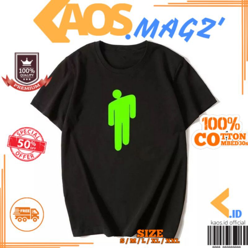 KAOS DISTRO KAOS ARTIS "BILLIE EILISH" PRIA WANITA O-NECK COMBED 30S LOGO HIJAU STABILO