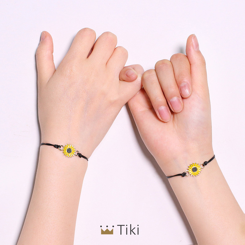 2pcs Gelang Tali Persahabatan Anyaman Krisan Bunga Matahari Fashion Wanita Korea Pria Adjustable Couple Bracelet Daisy Bracelet Hitam-5