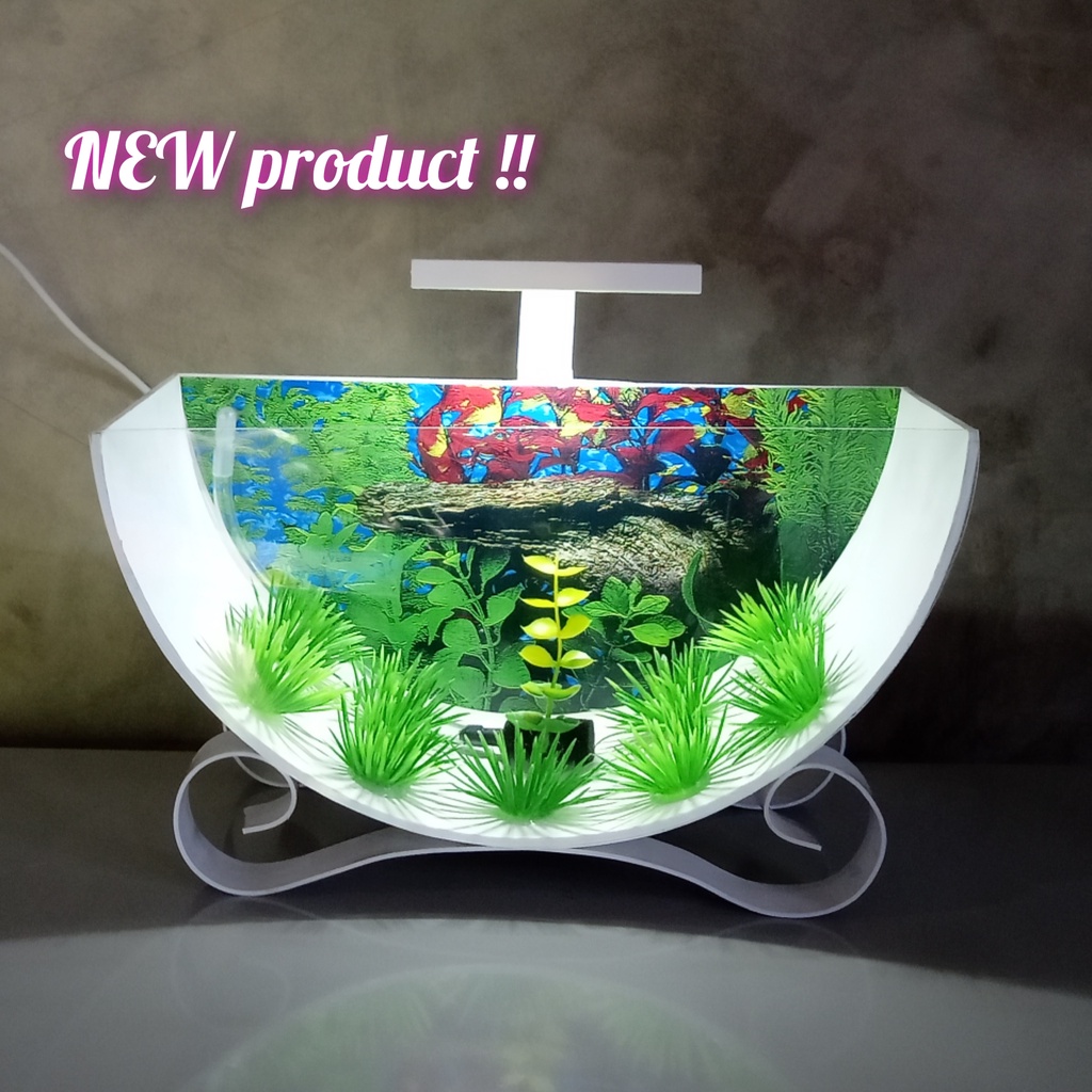AQUARIUM MINI FULL SET MESIN POMPA AERATOR OXYGEN LENGKAP LAMPU HIAS LED DAN TANAMAN HIAS BACKGROUND