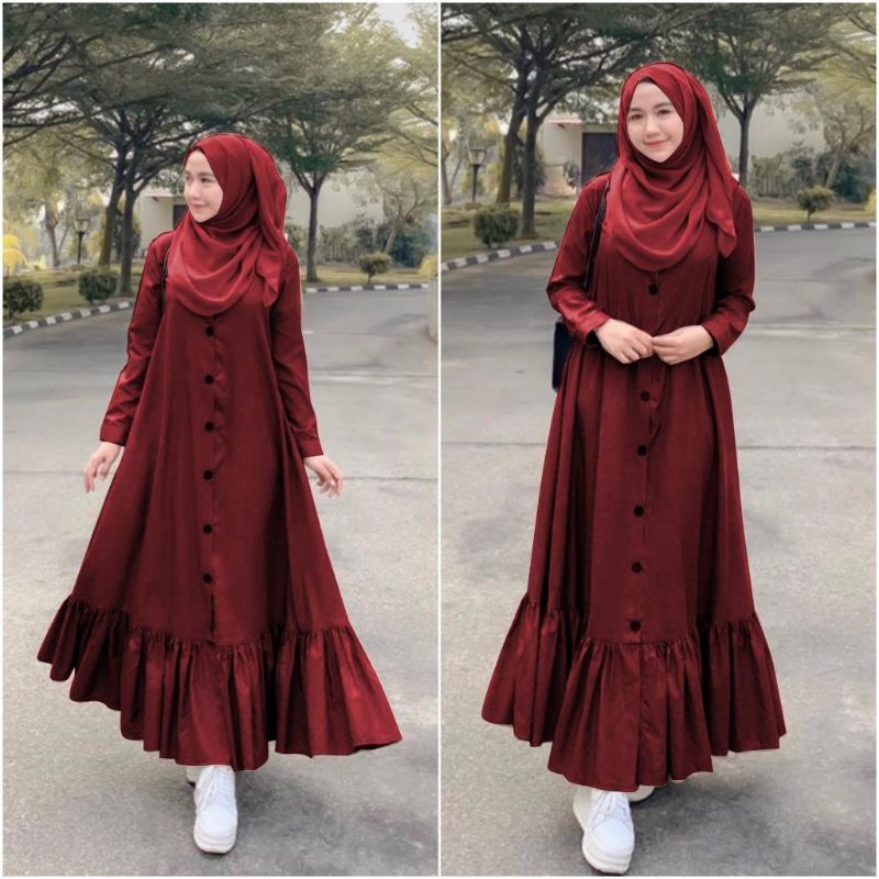 Dress Baju Gamis Long Maxy Maxi Syari Busui Wanita Perempuan Arab Muslim Renda Bawah Full Kancing Pe