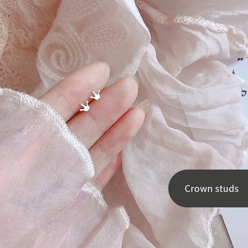 925 Anting Perak Asli Anting Korea Mini Kecil Kupu Zirkon Halus Mahkota Kecil-Crown