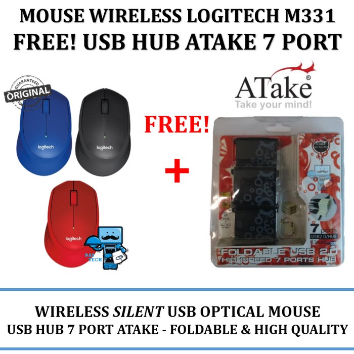 Mouse Wireless Logitech M331 Silent FREE USB HUB 7 Port Atake
