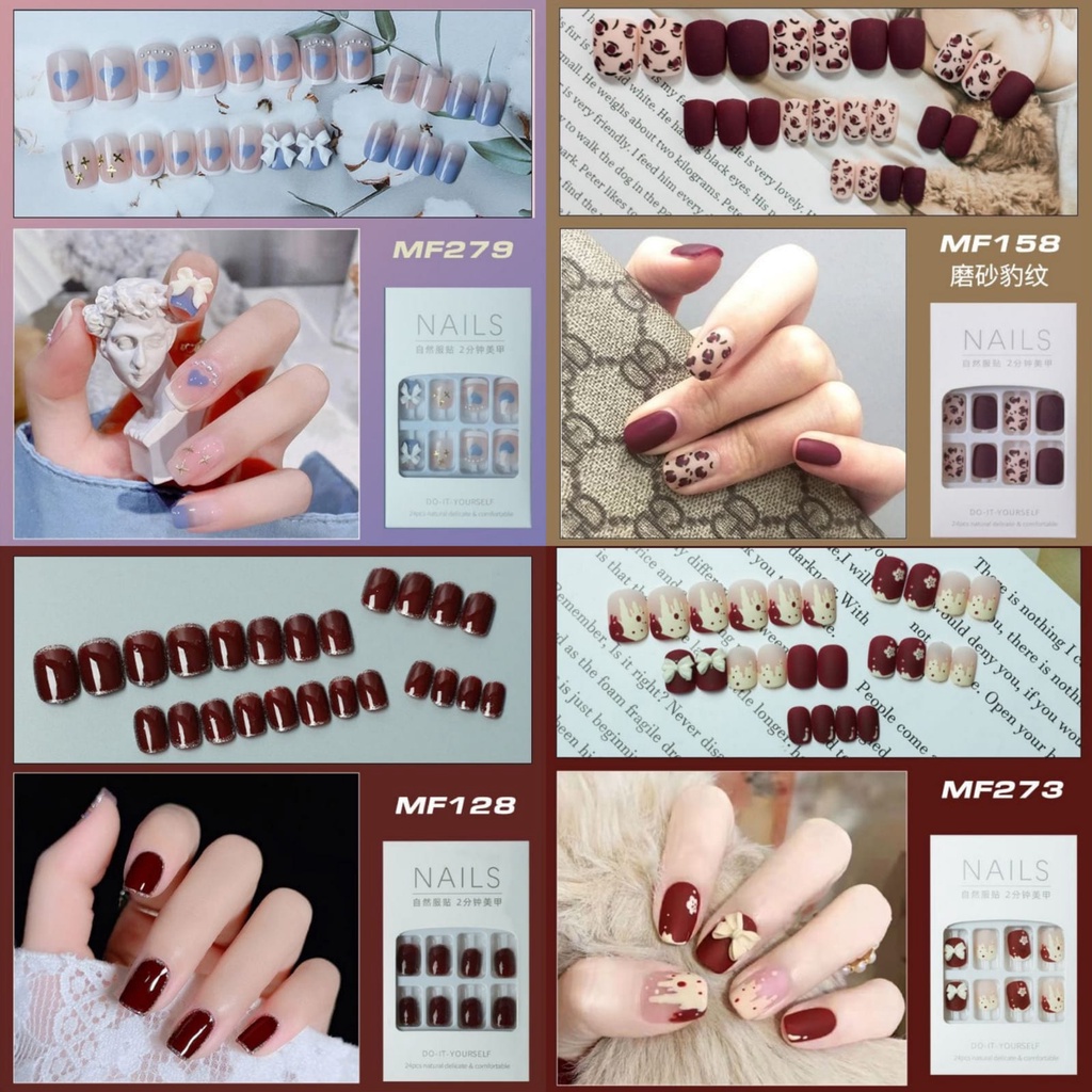 [SMALL BELL]  24 Pcs Kuku Palsu Dan Lem Fake Nail Art 3d Kuku Palsu Tahan Air 24 Pcs Kotak Free Lem 2gr