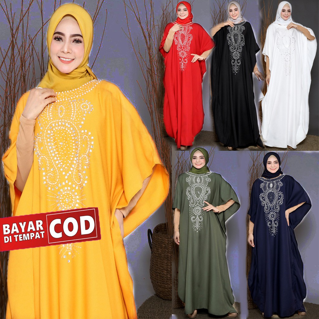 ALYA KAFTAN JUMBO MOTIF MUTIARA XXL BUSANA MUSLIM WANITA WARNA MERAH KUNING NAVY HITAM PUTIH ARMY