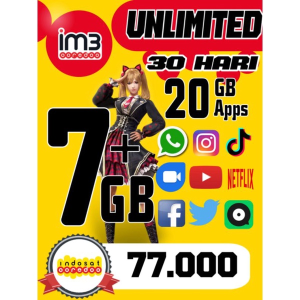Voucher indosat 7GB Unlimited 30Hari