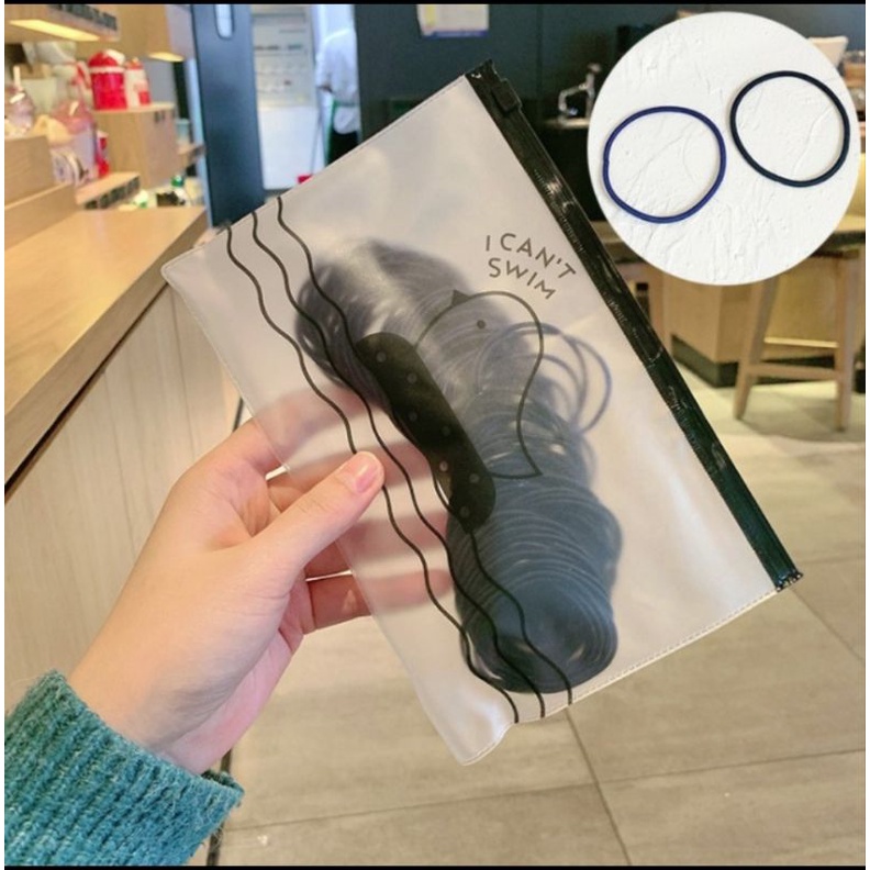 Ikat Rambut Korea I Can Swim isi 100 & 50 Pcs Warna Warni + Pouch Aksesoris Rambut-Full Hitam