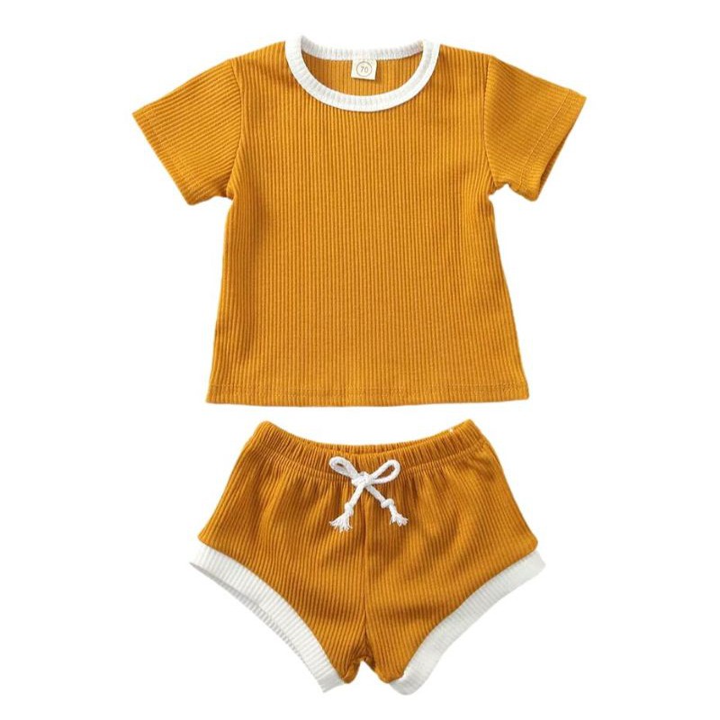 Setelan 2pcs Baju Pendek Katun Import Anak dan Bayi Warna Mustard Ukuran 18-24 Bulan