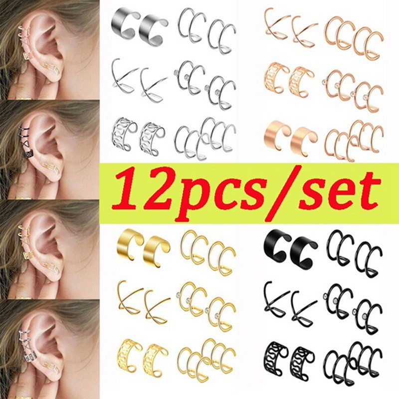 Set 12 Pcs Klip Telinga Non Piercing Model Cuff Bahan Stainless Steel