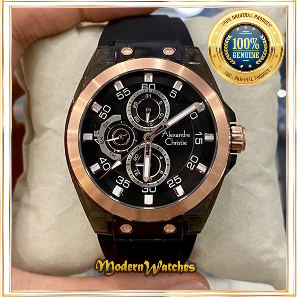 Jam Pria Ori Alexandre Christie AC 6546 Hitam Rosegold Black Jam Tangan Cowok Alexander Karet Terbar