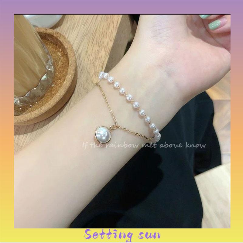 Fashion Korea Wanita Temperamen Manis Gelang Aksesoris Perhiasan Gelang Mutiara Ganda Sederhana TN