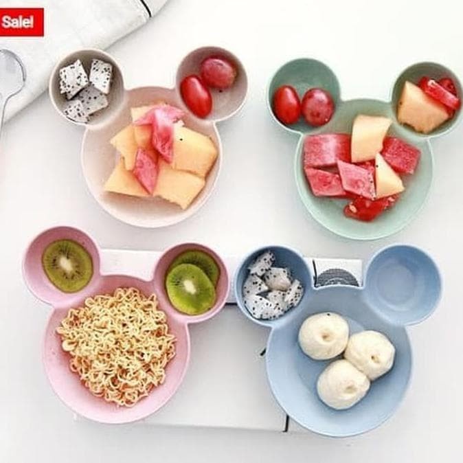 Tempat Makan Set Anak Mickey Minnie Mouse + Sendok Garpu Wheat Piring Mangkok Jerami