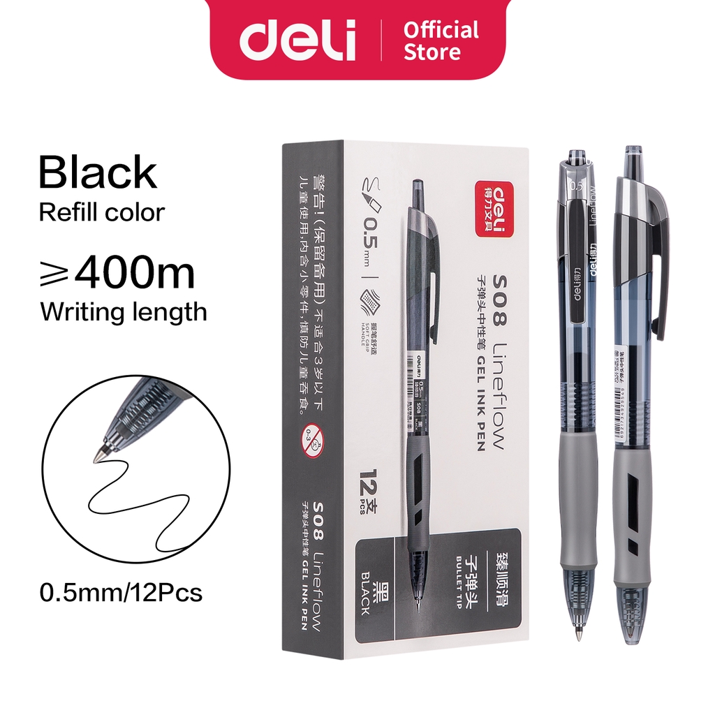 

Deli Gel Pen Pulpen Gel Retractable 0.5mm 3 Warna Bullet Tip Hitam Biru Merah, 1 3 6 pcs S08