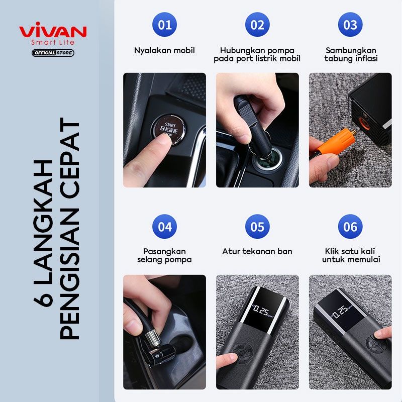 Vivan VTI02 Pompa Ban Mobil Portable Tire Inflator Electric LCD Display