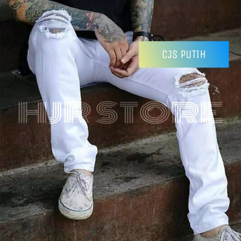 Skinny Jeans CM Putih Celana Jeans Putih Pensil Pria Polos Sobek