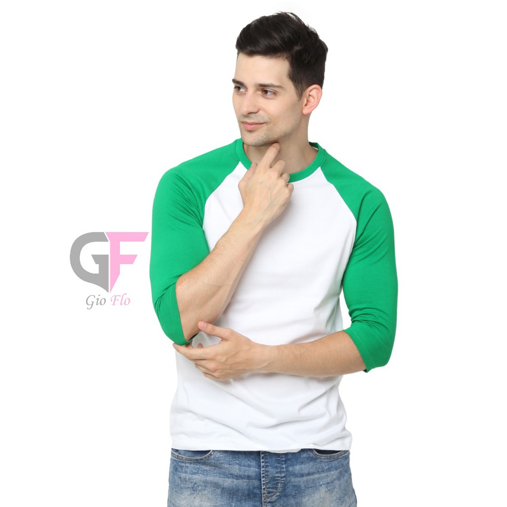 GIOFLO Kaos Simple Cowok Raglan Pria Kasual Santai Putih Hijau / POL 28
