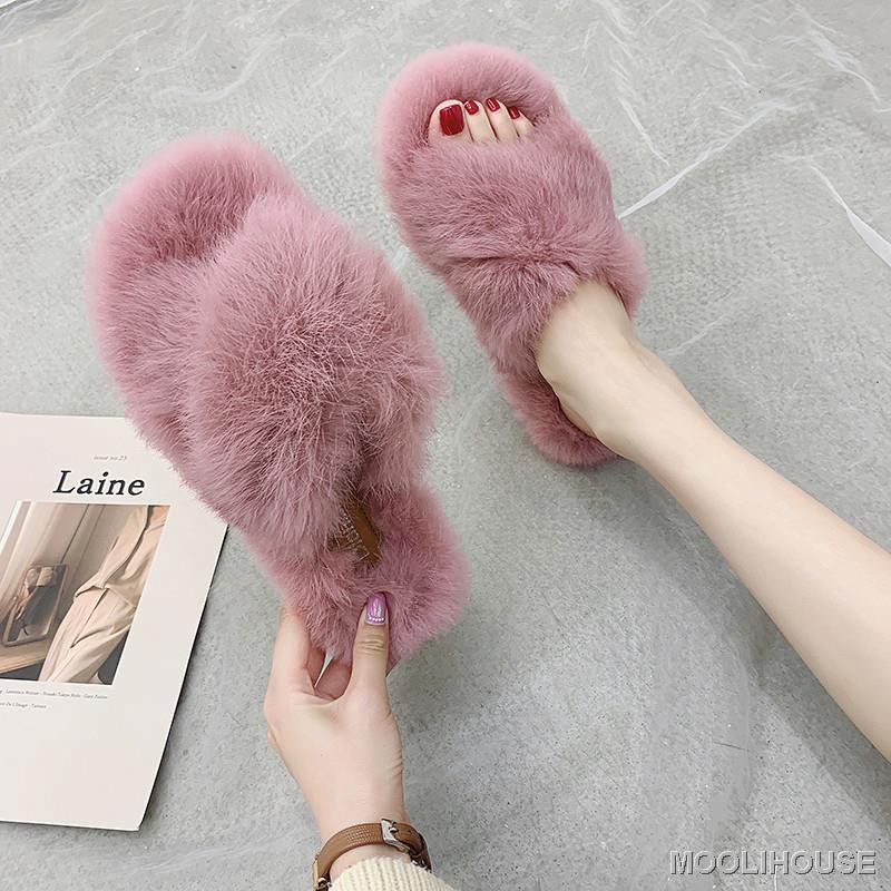 2021 Sandal  Selop Wanita Bahan Plush Tebal Gaya Korea  