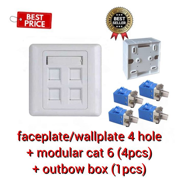 Jual Faceplate Wallplate Utp Rj45 Lan 4 Port Hole Modular Cat6 Outbow Box Shopee Indonesia