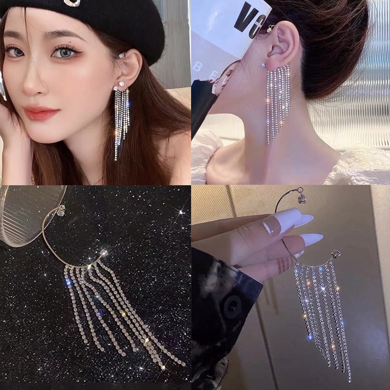 Anting Kait Gantung Panjang Wanita Hias Full Berlian Imitasi Untuk Musim Gugur / Dingin