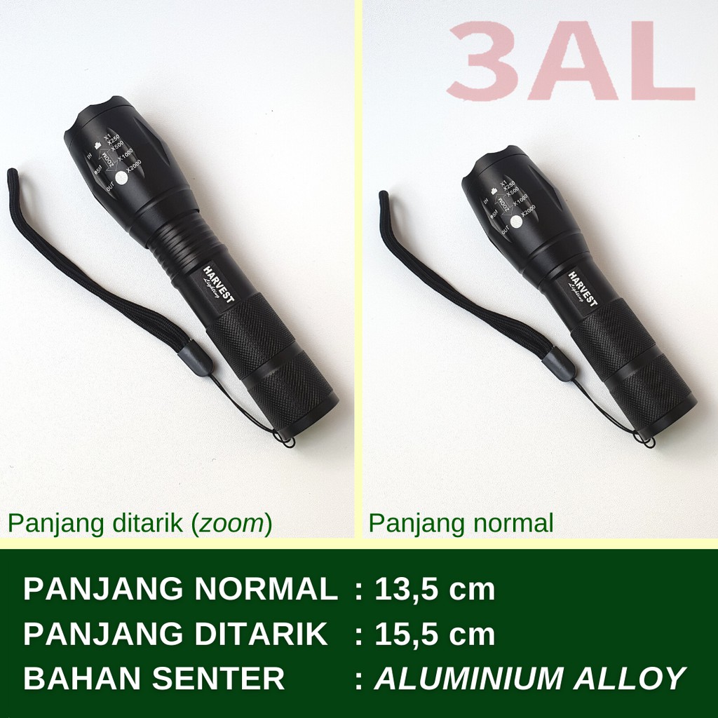 Lampu Senter LED T6 Cree HARVEST LIGHTING Flashlight Flash Light Baterai  Isi  Ulang Rechargeable  Bergaransi