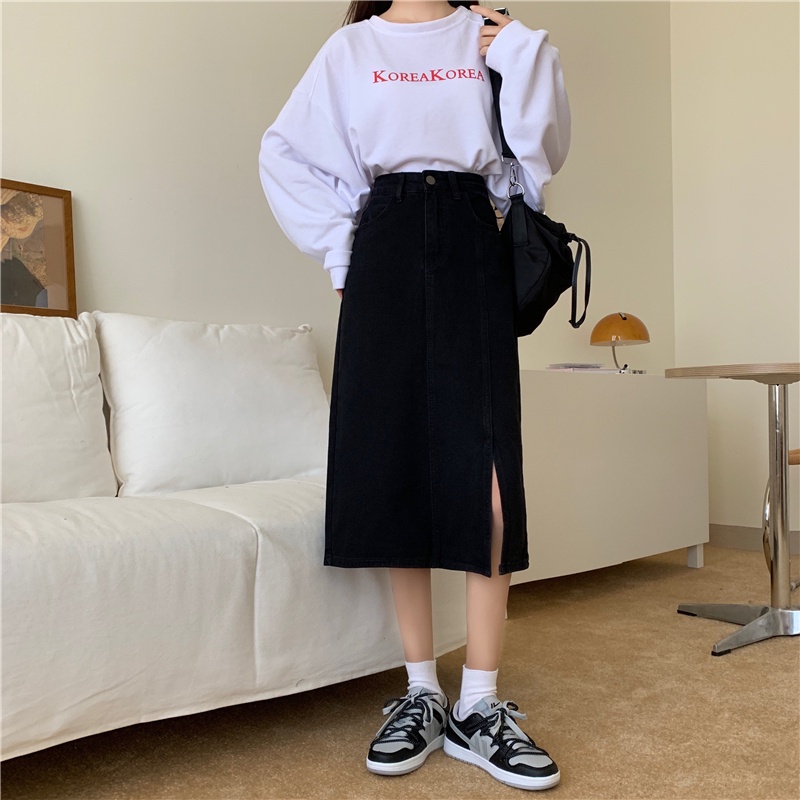 yikoo-Rok denim hitam split wanita korean skirt midi