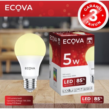 ECOVA Lampu LED Bohlam 5W 5 Watt 5 Watt Putih E27 Bulb A GARANSI