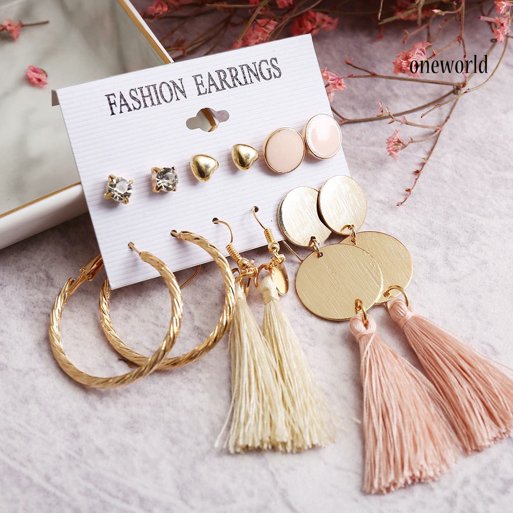 OW@ 6Pcs/Set Bohemia Women Tassel Hook Earrings Ear Stud Set Jewelry Accessories