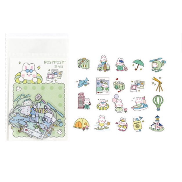 40pcs Stiker Desain Kartun Rosyposy PVC Japanese Style-Rabbit Sagegreen