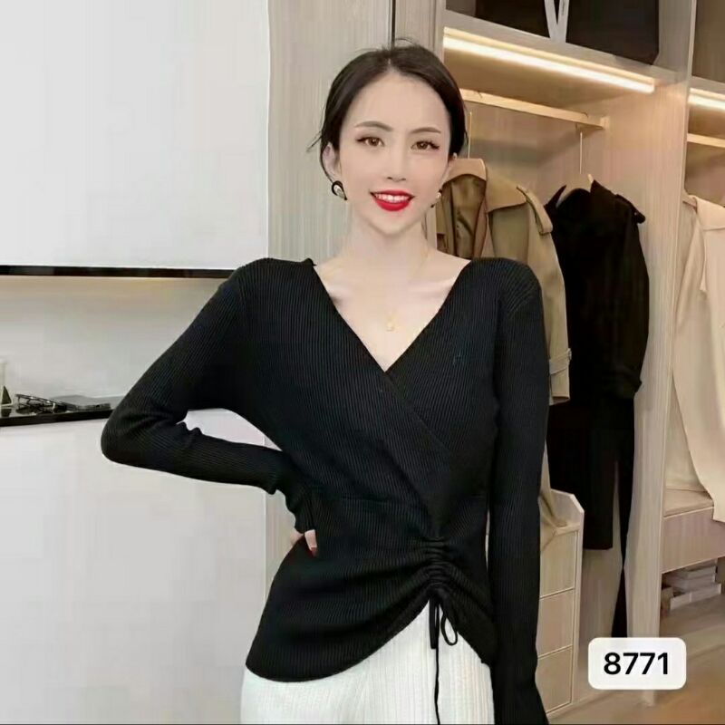 K8771 Baju atasan blouse rajut knit vneck lengan panjang Korea Korean style wanita import baju atasa