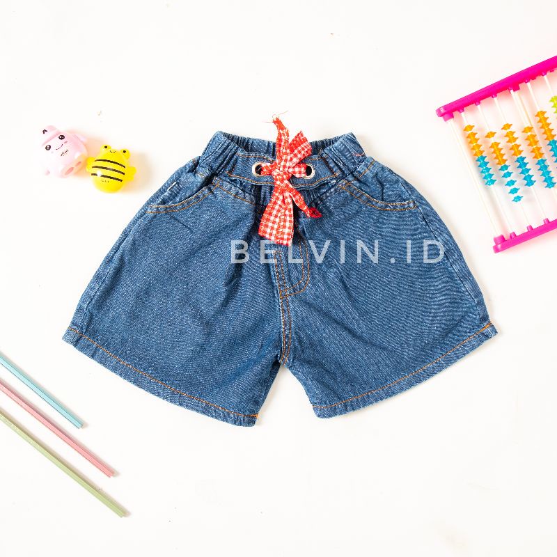 Celana Pendek Celpen Hotpant Hotpants Jeans Anak Cewek Perempuan 2-5Thn 246 Rumbai Pita Merah