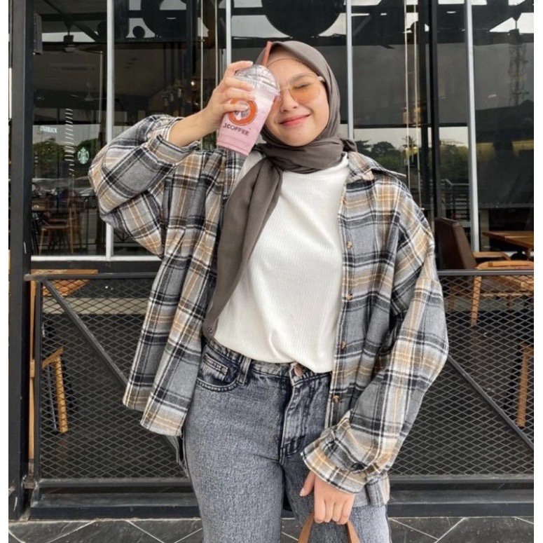 AJWShop Kemeja Flanel Wanita Lengan Balon Oversize Import Tebal Premium | Atasan Kemeja Wanita Jumbo Import Bahan Tebal | Kimberly Kemeja Flanel Import Premium | Kemeja Planel Wanita-1