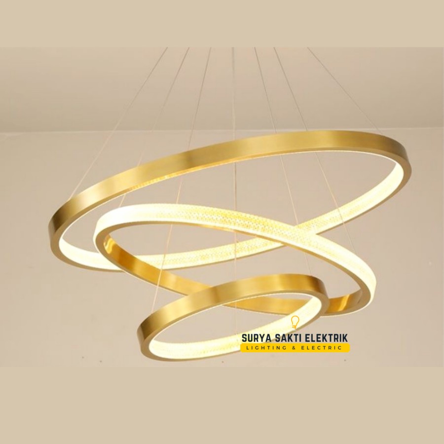 LAMPU GANTUNG RING LED MIX KRISTAL GOLD MODERN 3 WARNA REMOTE