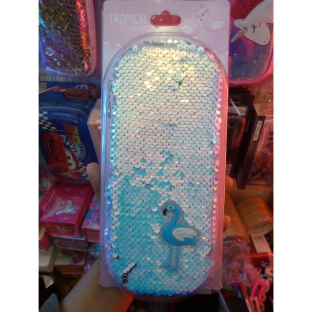 

Kotak pensil sequin koper flamingo