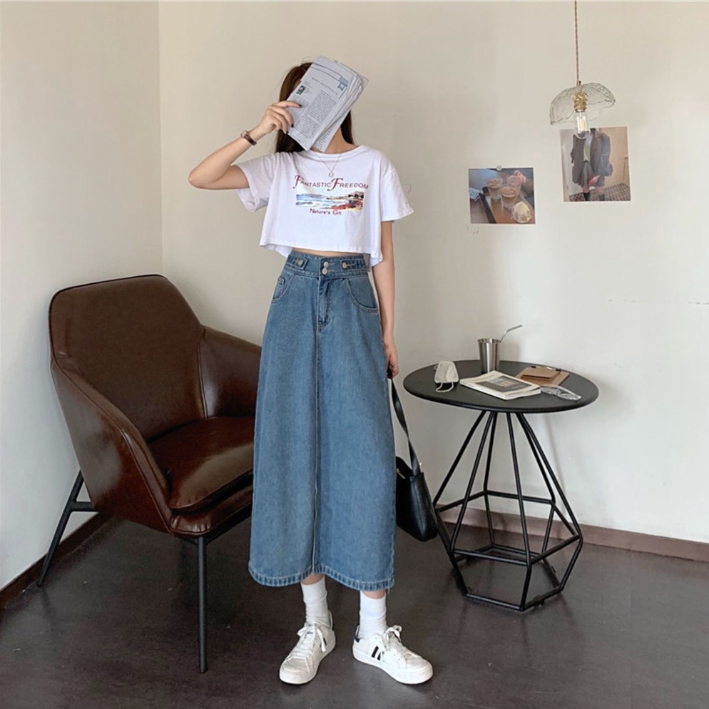 Korean Style Rok Pendek Jeans Wanita /Denim Pinggang Tinggi Rok Panjang