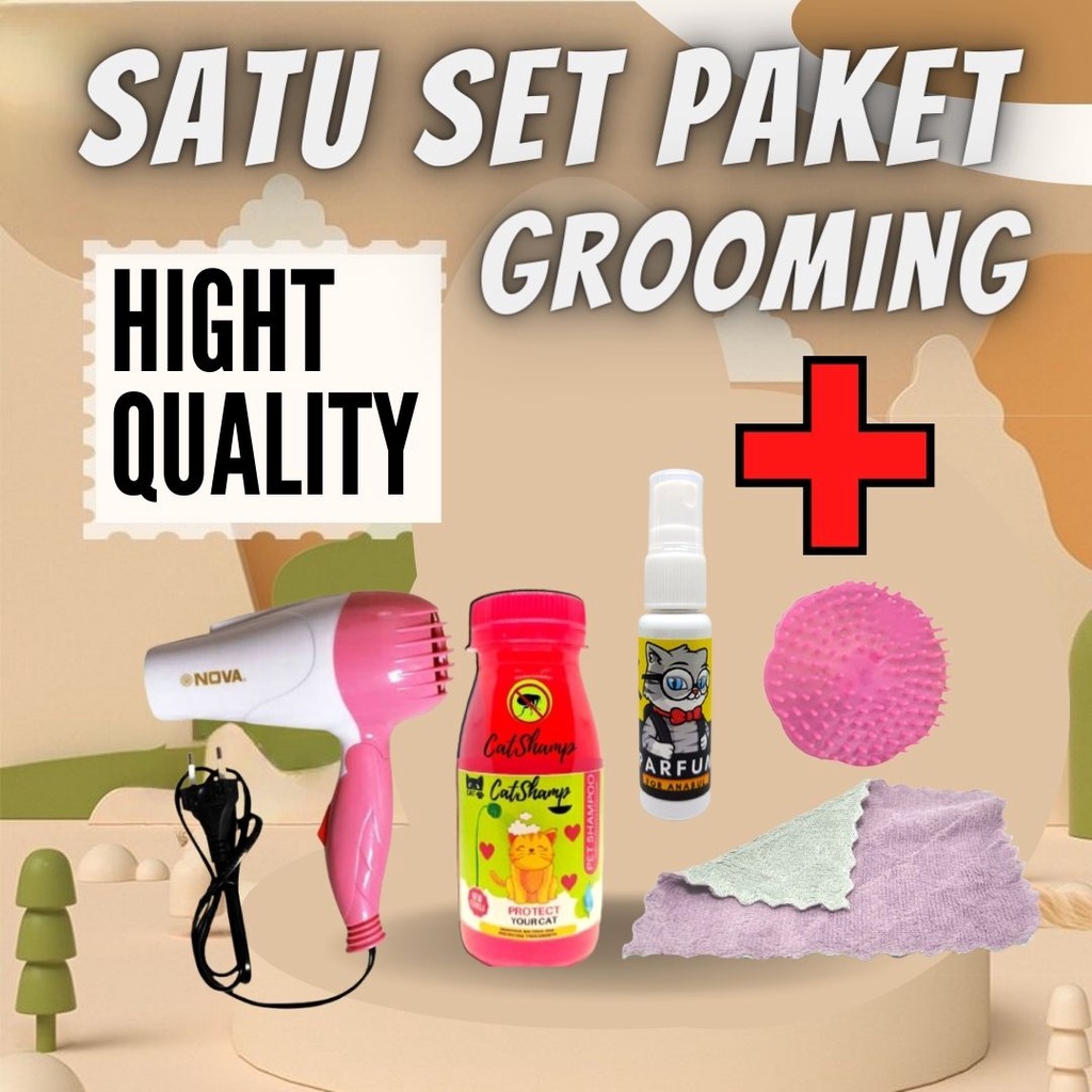 PAKET GROOMING HEWAN MANDI KUCING HAIR DRYER + HANDUK MICROFIBER + SISIR + SHAMPO FEFARM