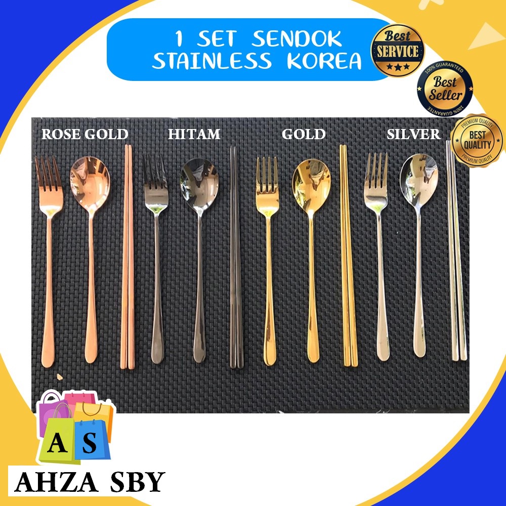 SET ALAT MAKAN SENDOK GARPU SUMPIT KOREA STAINLESS STEEL STAINLES TEBAL FREE POUCH CANTIK