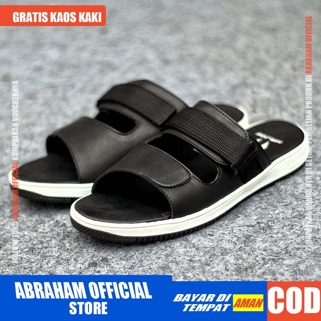 ABRHM DHON Sandal Slop Pria Sandal Pria Selop Kulit Pu Sandal Slide Cowok / Cowo Keren Kekinian Ori