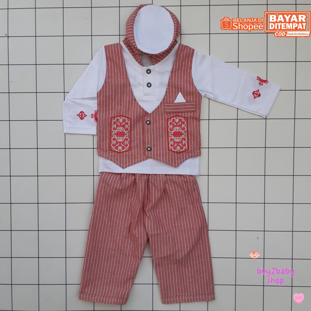 Baju lebaran bayi set baju koko rompi plus peci motif bordir salur Custom 6-12 Bulan