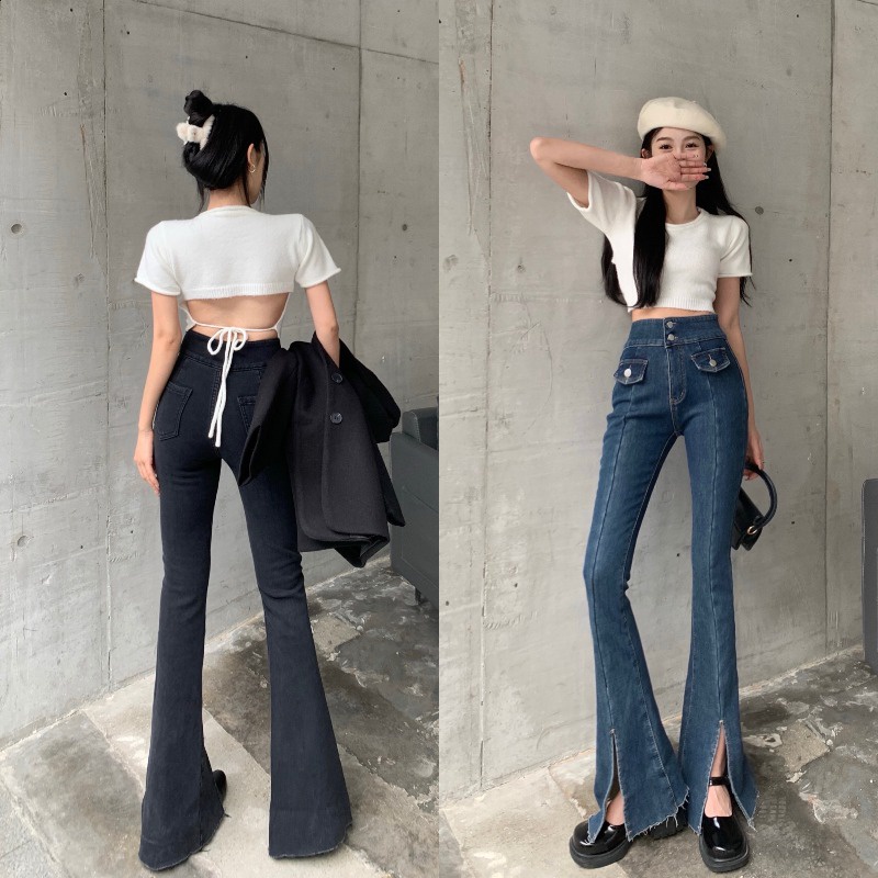 Suhao slit jeans wanita pinggang tinggi celana melebar celana melebar kaki lebar mengepel