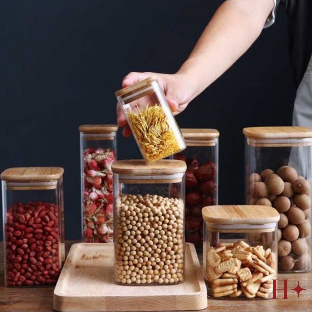 Toples Kaca Tutup Kayu Costum Nama Foto Borosilicate Glass Storage Jar