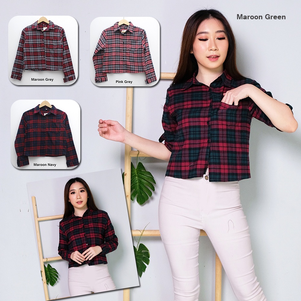 𝑱𝒂𝒌𝒂𝒓𝒕𝒂𝑭𝒂𝒔𝒉𝒊𝒐𝒏 kemeja crop top premium tartan kotak bahan flanel halus lengan panjang skoder atasan abg