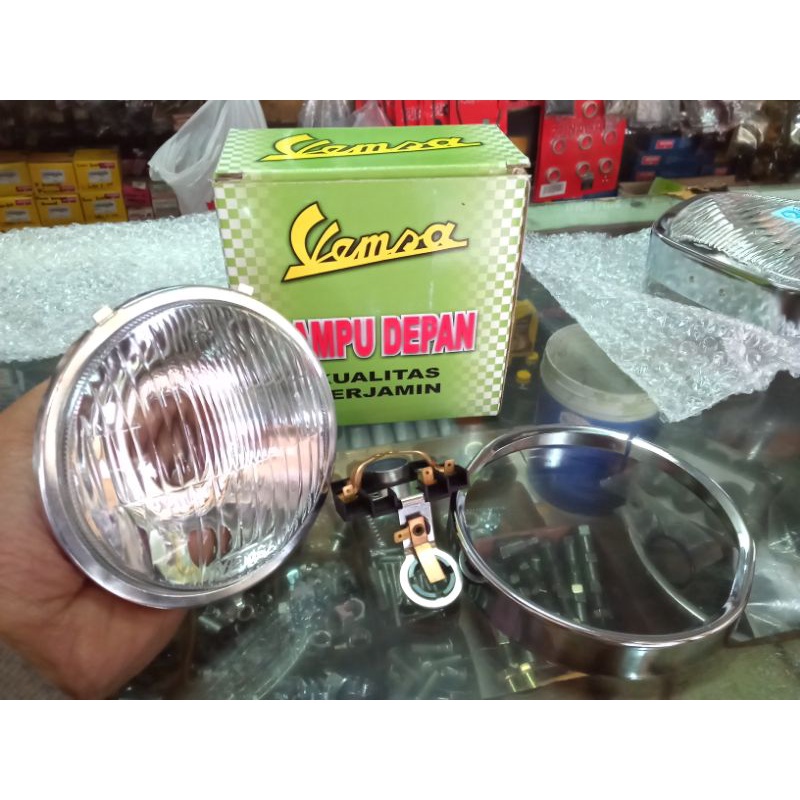 reflektor lampu depan + fitting vespa SUPER 66 merk VEMSA