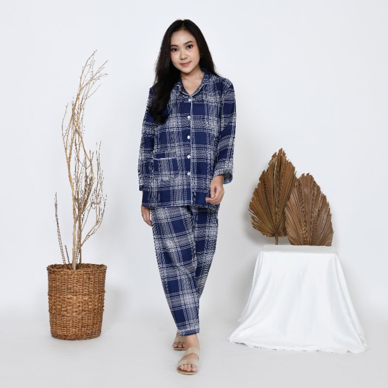 Baju Tidur Piyama Wanita/Cewek Pajamas Dewasa Katun Motif Kotak Guillen PP Lengan Panjang Kekinian